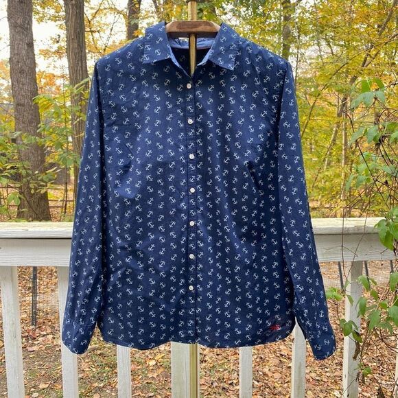 Talbots Navy Blue Anchor Print Button Up Blouse Top - Picture 2 of 6